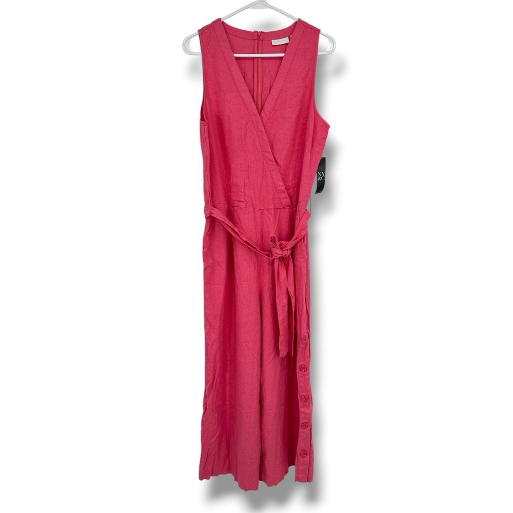 New York & Co Linen Blend Wide Leg Jumpsuit Pink Wrap Tie Waist Resort Coastal M